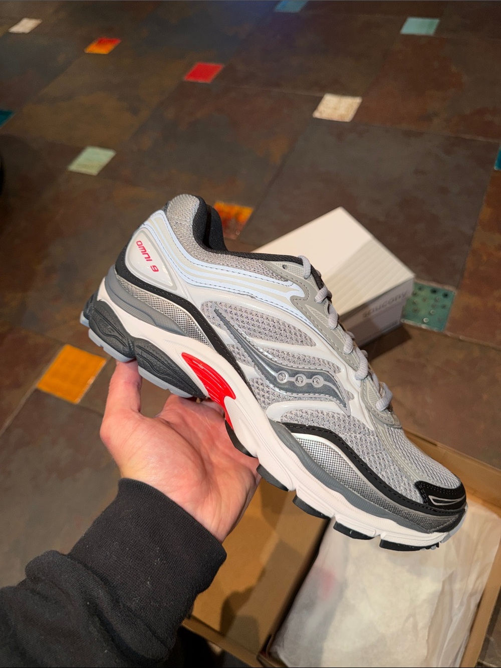 Saucony Men's Athletic Running Shoe in Grey, White & Red Accent - brand new